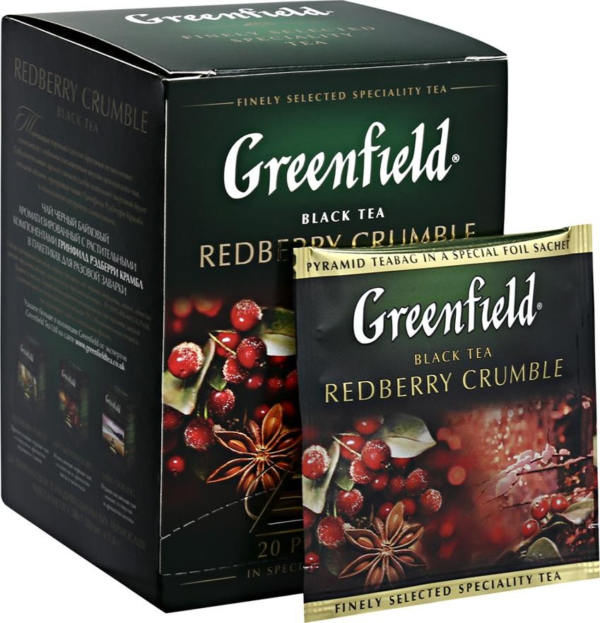 Вкусы чаев виды. Чай Greenfield Redberry Crumble. Гринфилд Рэдберри крамбл(1,8гх20п)чай пирам.черн.с доб.. Чай черный "Greenfield" пирамидки (Redberry Crumble) 20 шт. Гринфилд Блэк Теа.